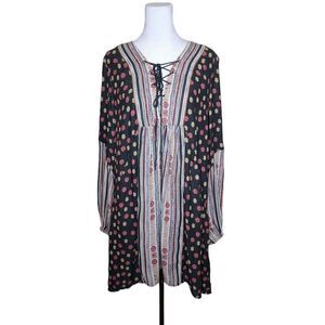 Free People Babydoll Tunic Dress Womens Size L Black Floral Stripe Long Sleeve L